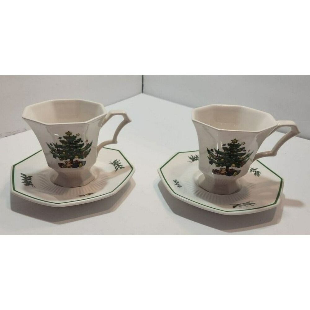 Set of 2 Nikko Christmastime Octagon Shaped  3.5” Cups and 6” Saucers